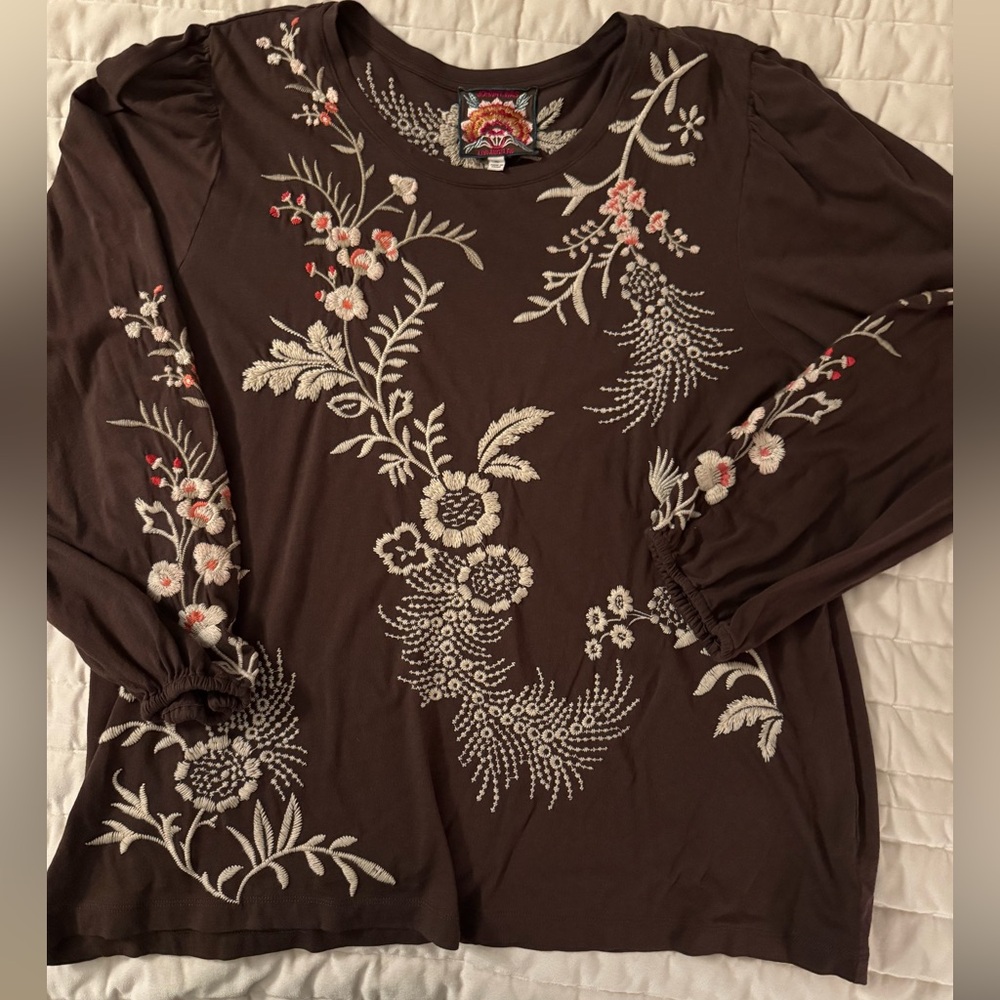 Johnny Was Chocolate Floral Embroidered Blouse